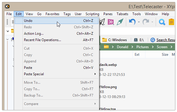编辑菜单中的撤销/重做